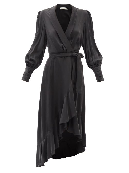 Zimmermann Black Ruffle-trimmed Silk-satin Wrap Dress | ModeSens